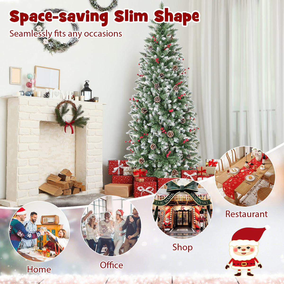 Pre-lit Artificial Pencil Christmas Tree with Pine Cones and Red Berries-6 ft-Christmas Trees-DECOROLALA