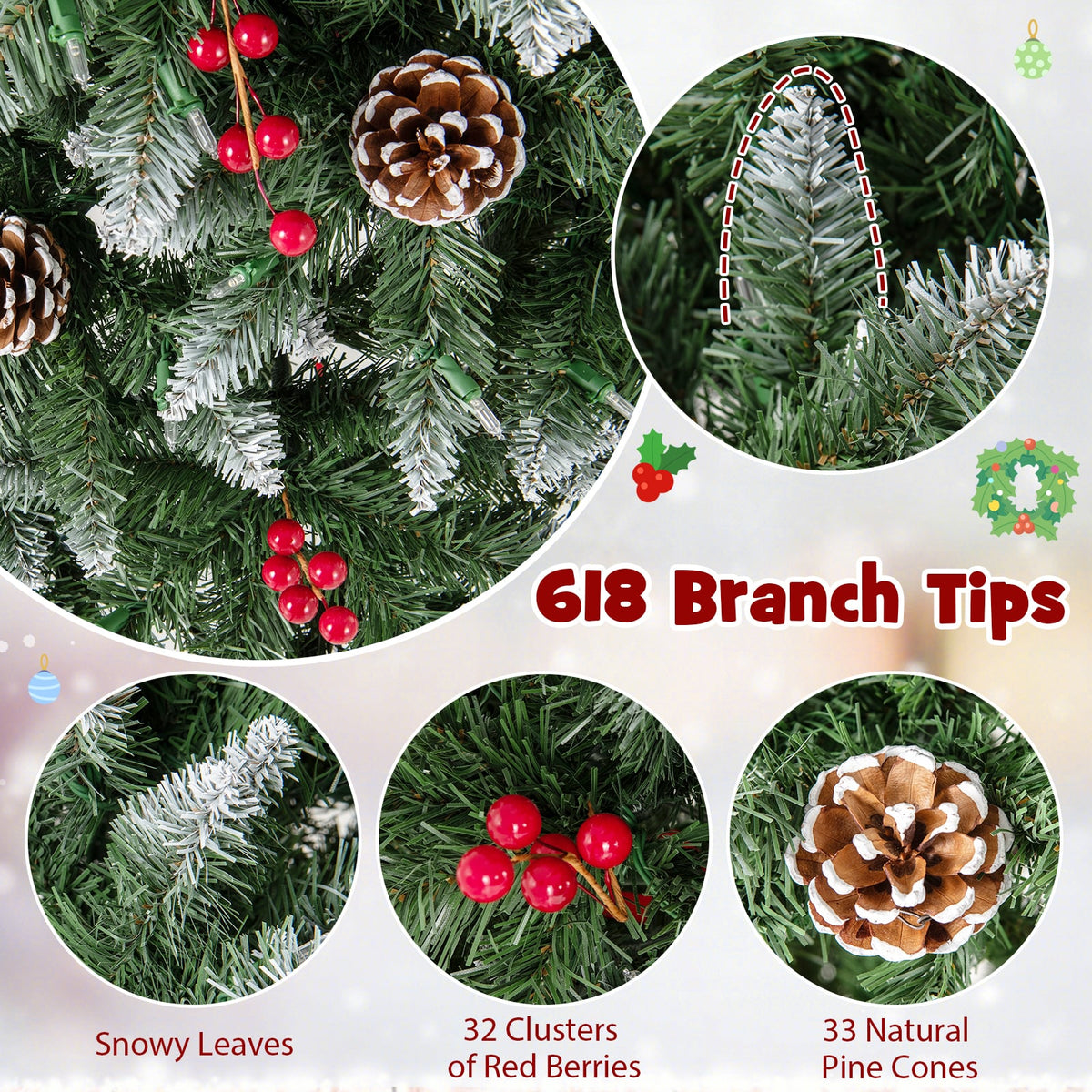 Pre-lit Artificial Pencil Christmas Tree with Pine Cones and Red Berries-6 ft-Christmas Trees-DECOROLALA