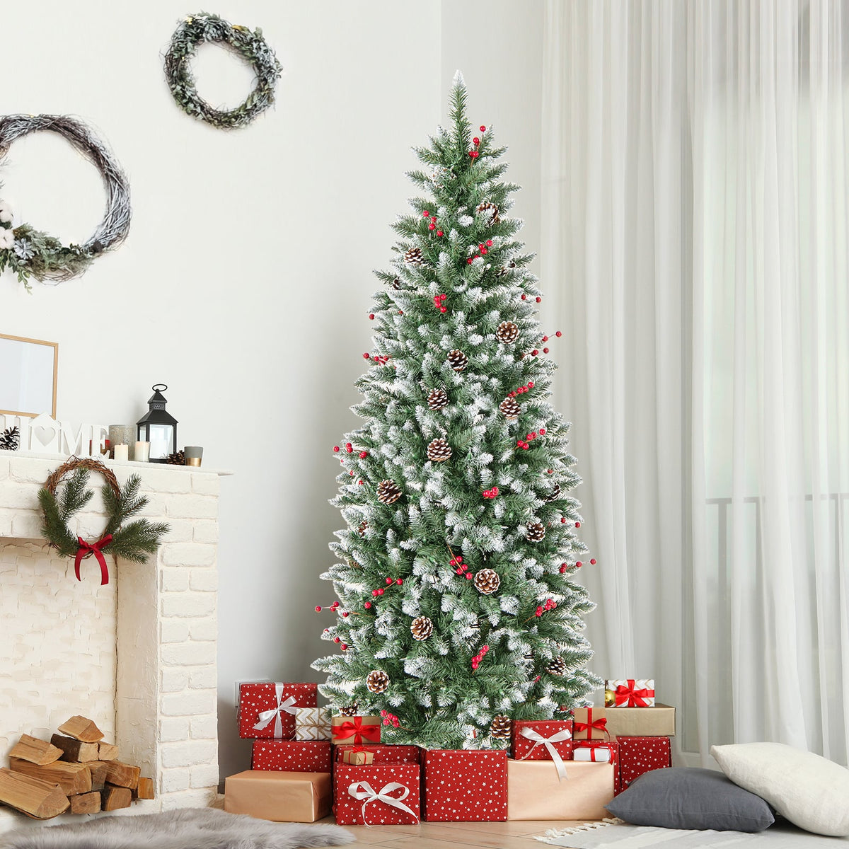 Pre-lit Artificial Pencil Christmas Tree with Pine Cones and Red Berries-6 ft-Christmas Trees-DECOROLALA