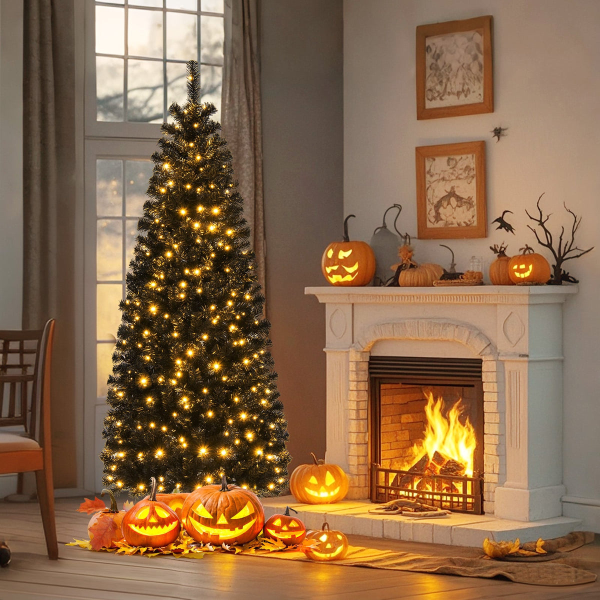Pre-lit Christmas Halloween Tree with PVC Branch Tips and Warm White Lights-6'-Halloween-DECOROLALA