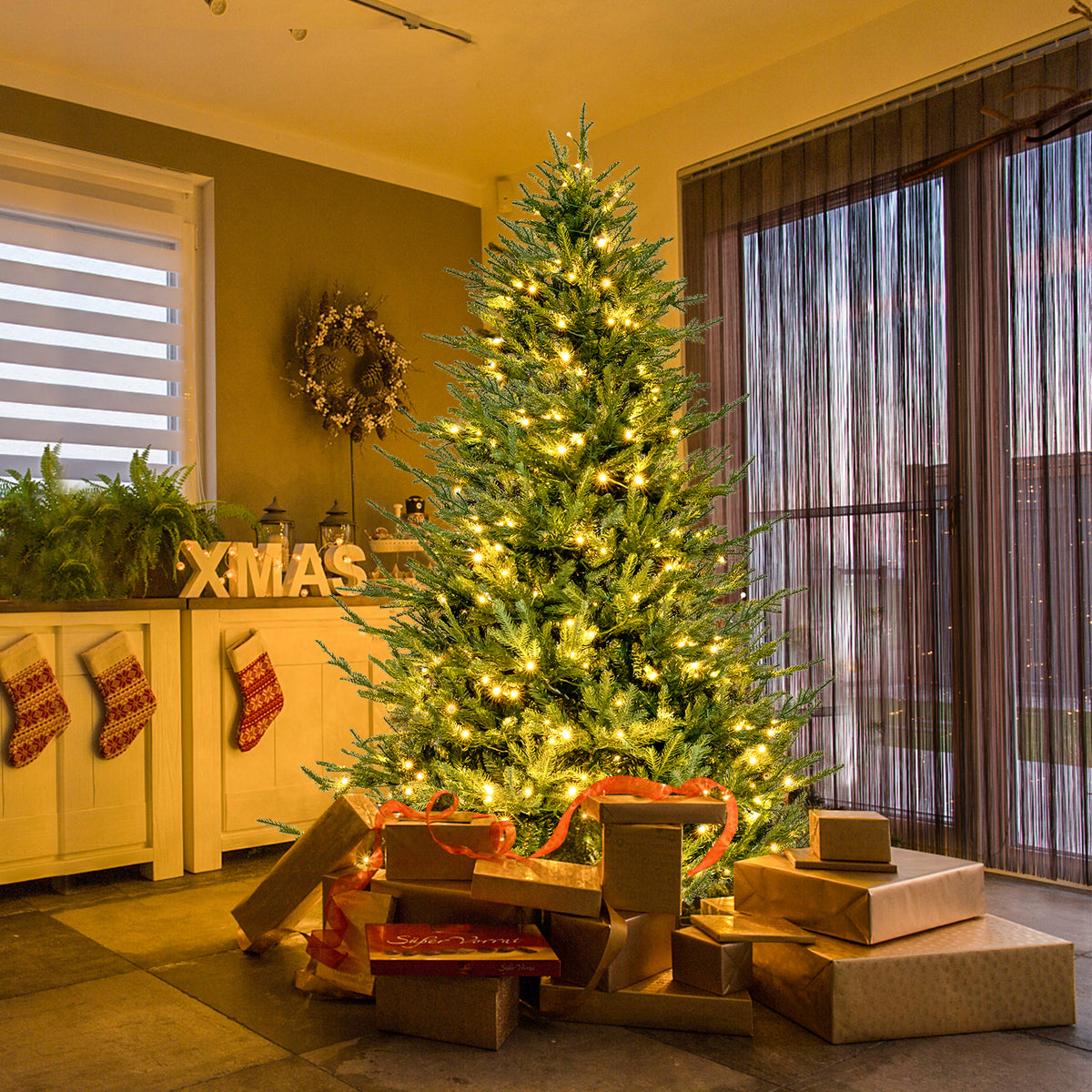 Pre-lit Christmas Tree with 280 Warm White LED Lights and 8 Lighting Modes-6ft-Christmas Trees-DECOROLALA