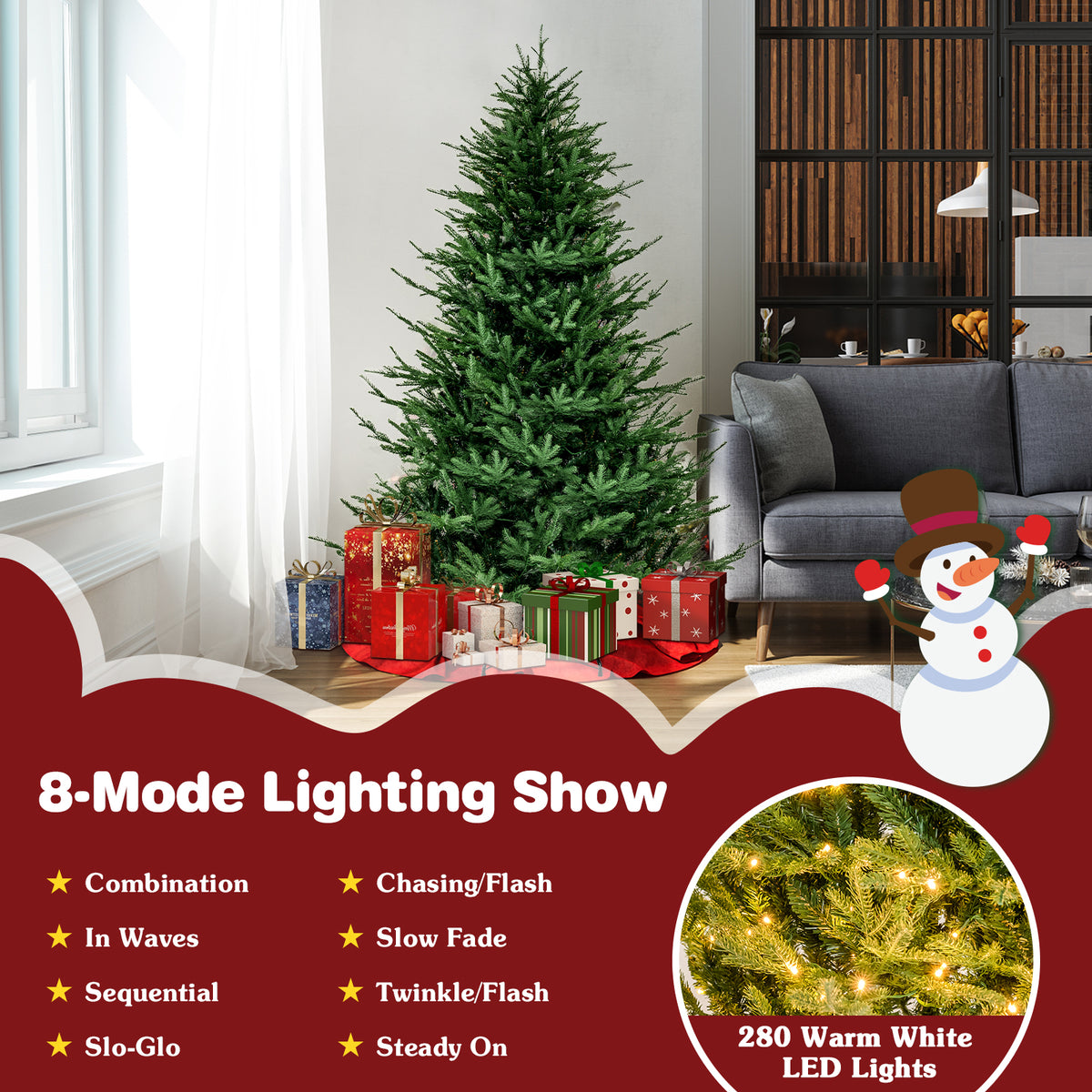 Pre-lit Christmas Tree with 280 Warm White LED Lights and 8 Lighting Modes-6ft-Christmas Trees-DECOROLALA