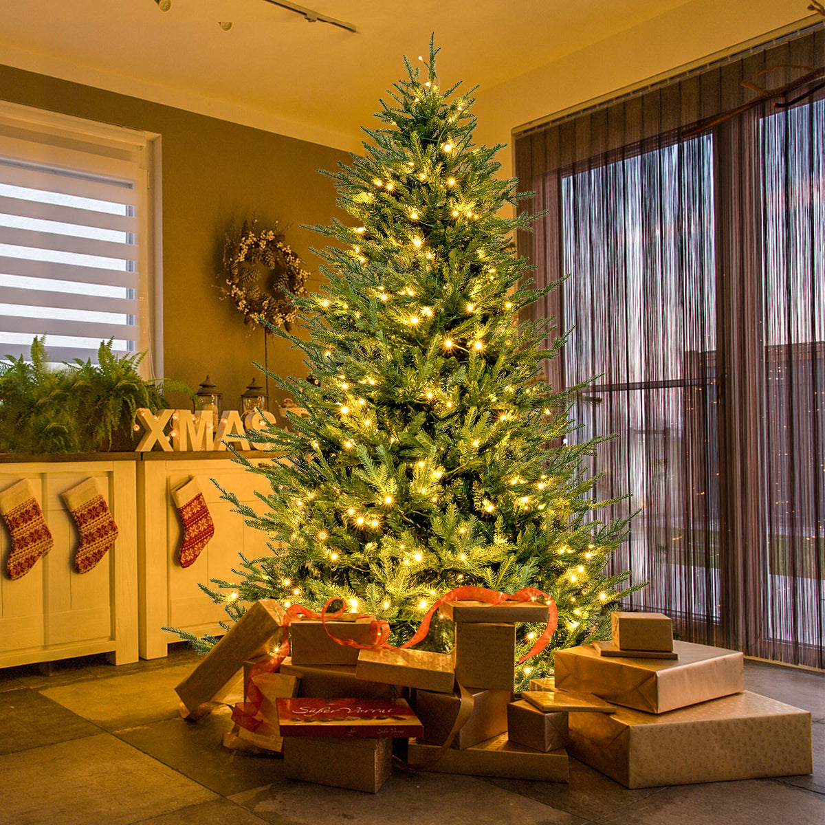 Pre-lit Christmas Tree with 280 Warm White LED Lights and 8 Lighting Modes-7 ft-Christmas Trees-DECOROLALA