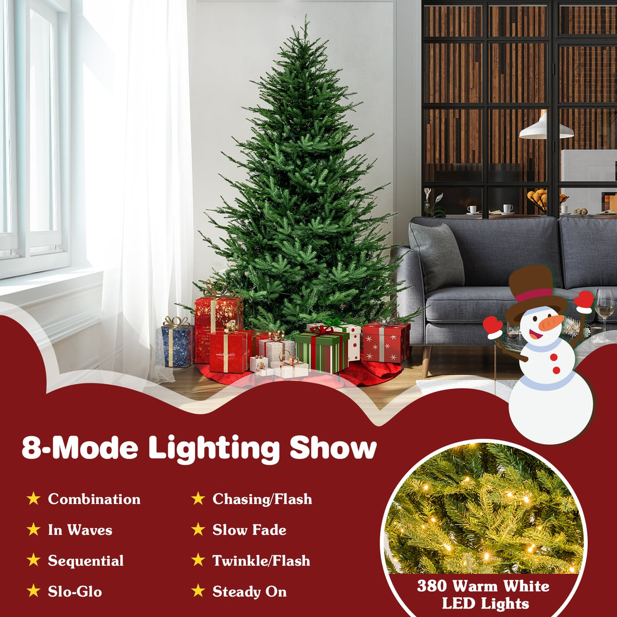 Pre-lit Christmas Tree with 280 Warm White LED Lights and 8 Lighting Modes-7 ft-Christmas Trees-DECOROLALA