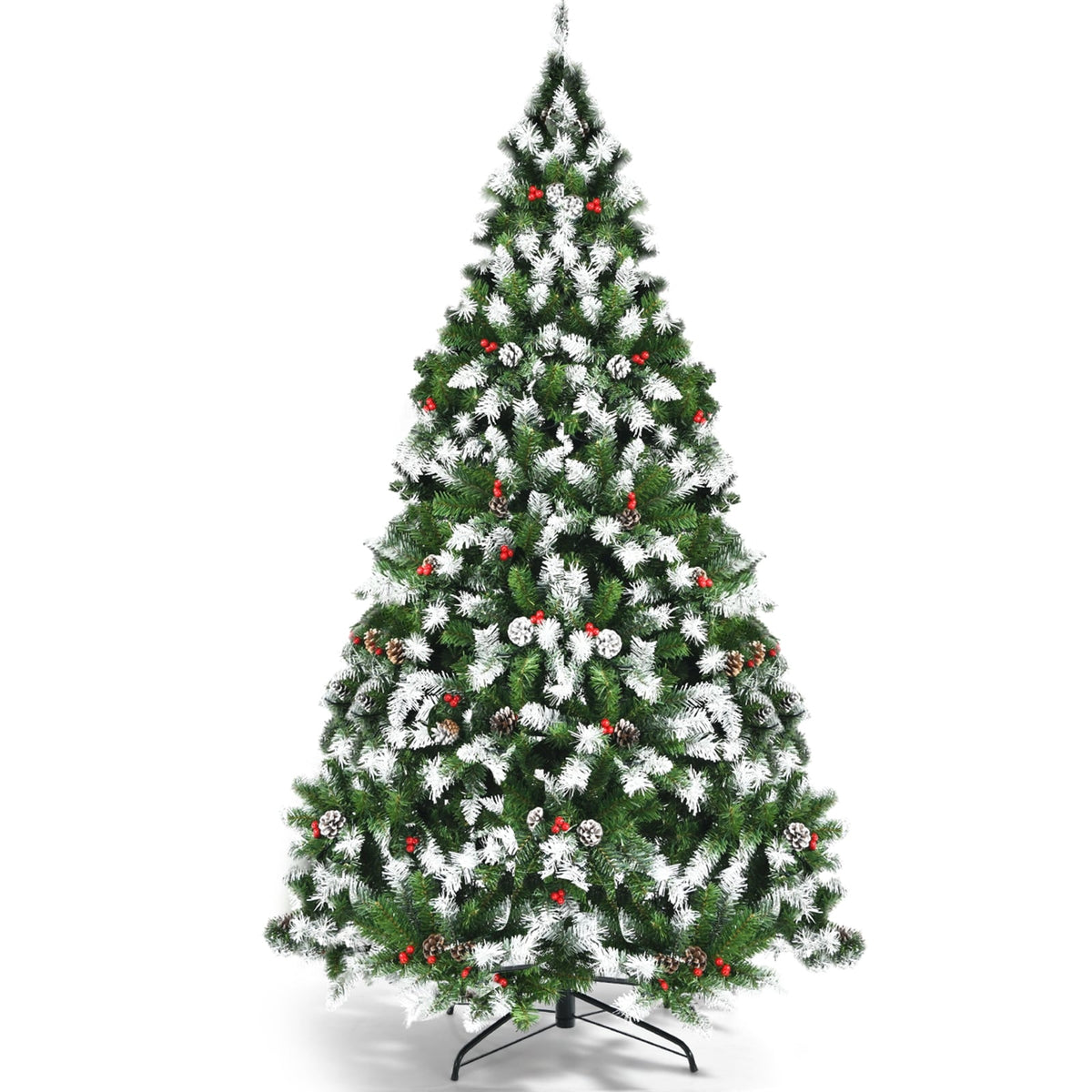 Pre-lit Snow Flocked Christmas Tree with Red Berries and LED Lights-6 Feet-Christmas Trees-DECOROLALA