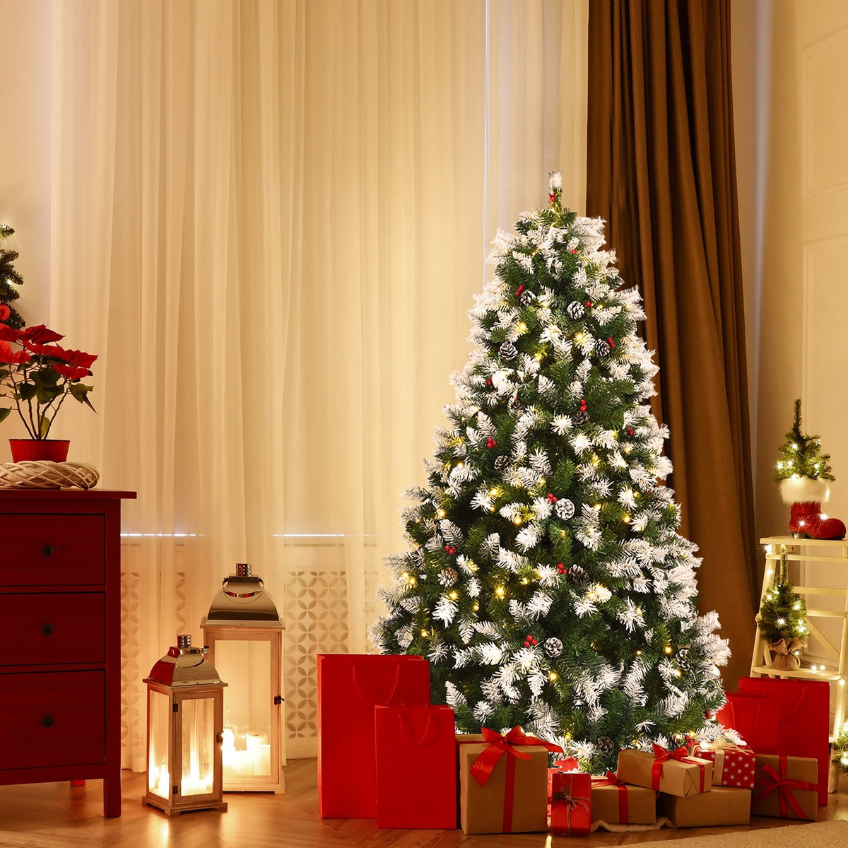Pre-lit Snow Flocked Christmas Tree with Red Berries and LED Lights-6 Feet-Christmas Trees-DECOROLALA