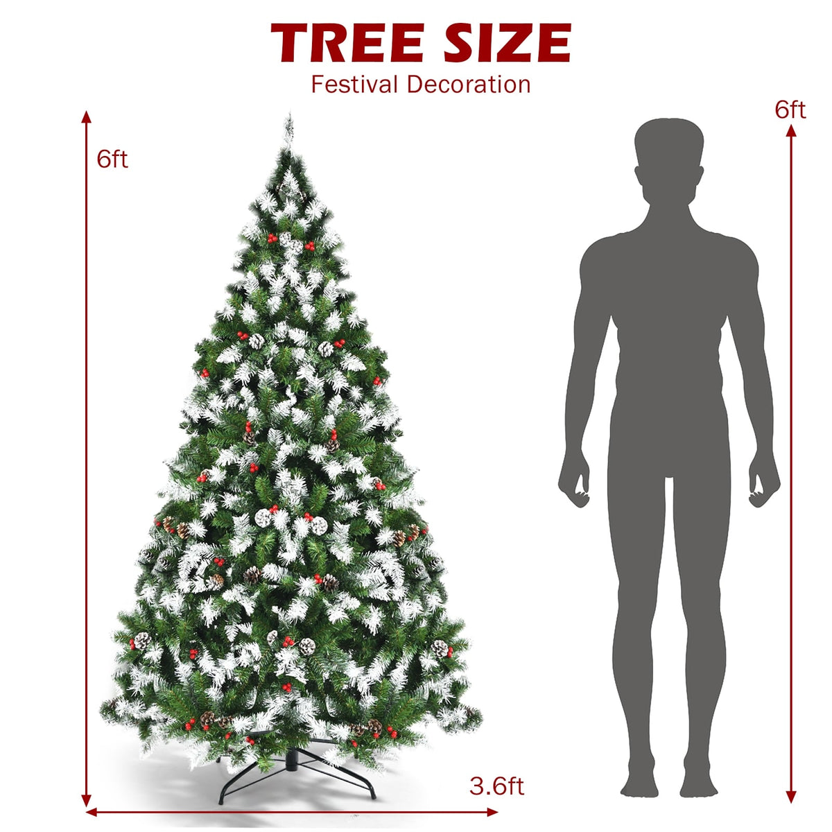 Pre-lit Snow Flocked Christmas Tree with Red Berries and LED Lights-6 Feet-Christmas Trees-DECOROLALA