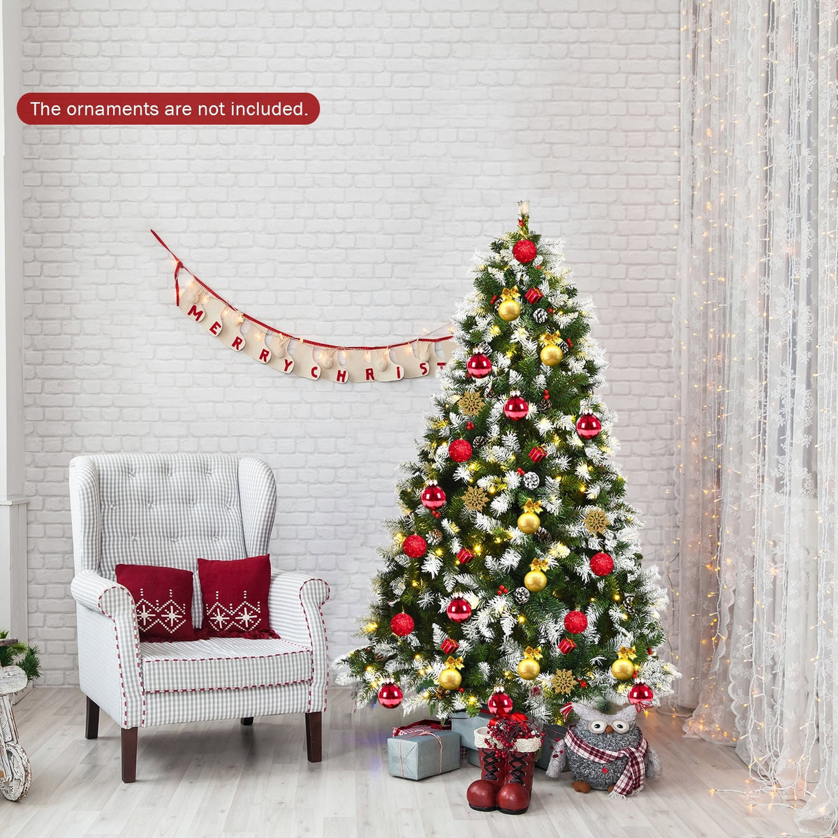 Pre-lit Snow Flocked Christmas Tree with Red Berries and LED Lights-6 Feet-Christmas Trees-DECOROLALA
