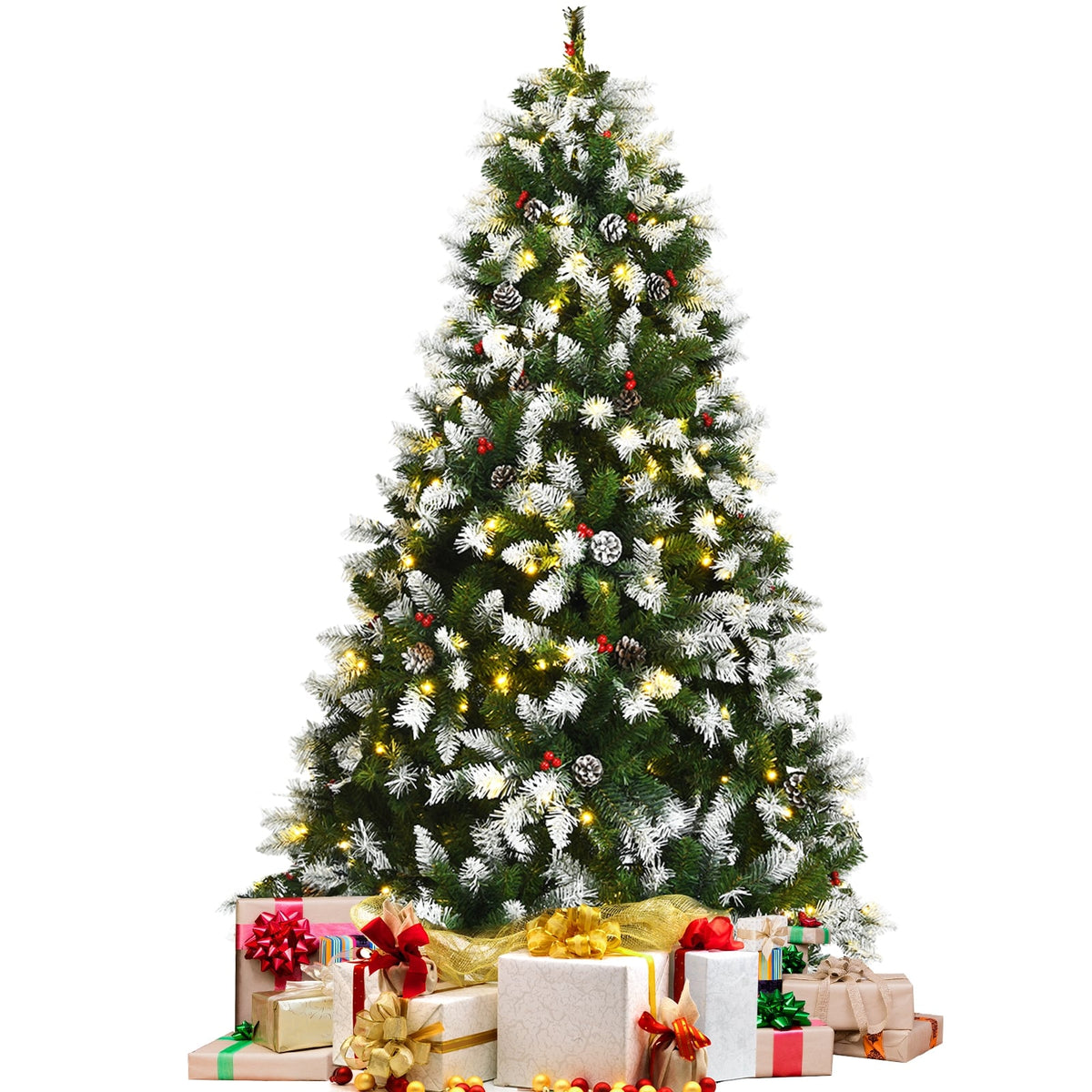 Pre-lit Snow Flocked Christmas Tree with Red Berries and LED Lights-6 Feet-Christmas Trees-DECOROLALA