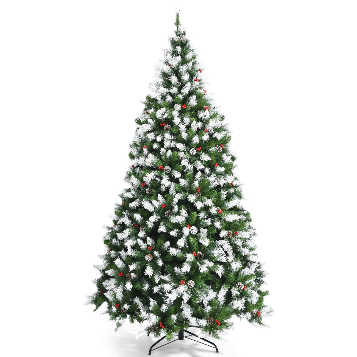 Pre-lit Snow Flocked Christmas Tree with Red Berries and LED Lights-7.5 Feet-Christmas Trees-DECOROLALA