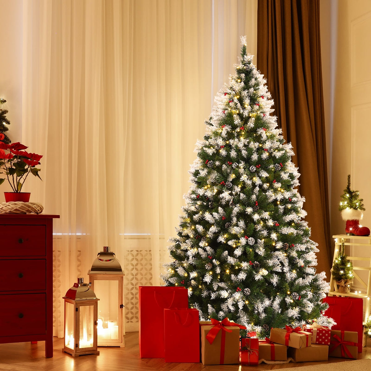 Pre-lit Snow Flocked Christmas Tree with Red Berries and LED Lights-7.5 Feet-Christmas Trees-DECOROLALA