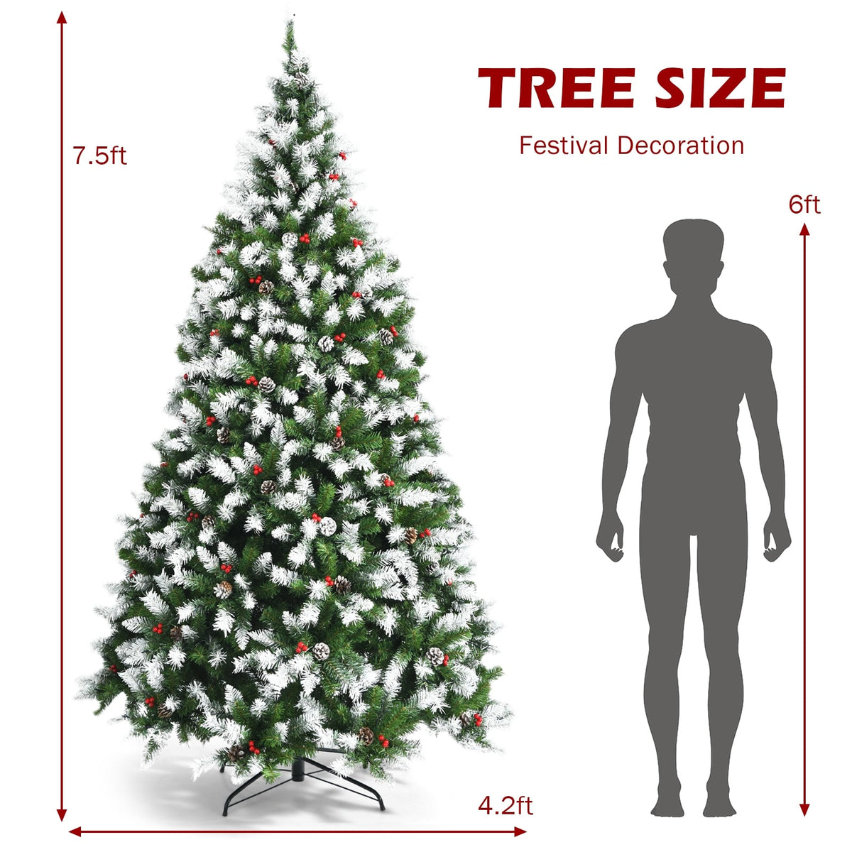 Pre-lit Snow Flocked Christmas Tree with Red Berries and LED Lights-7.5 Feet-Christmas Trees-DECOROLALA