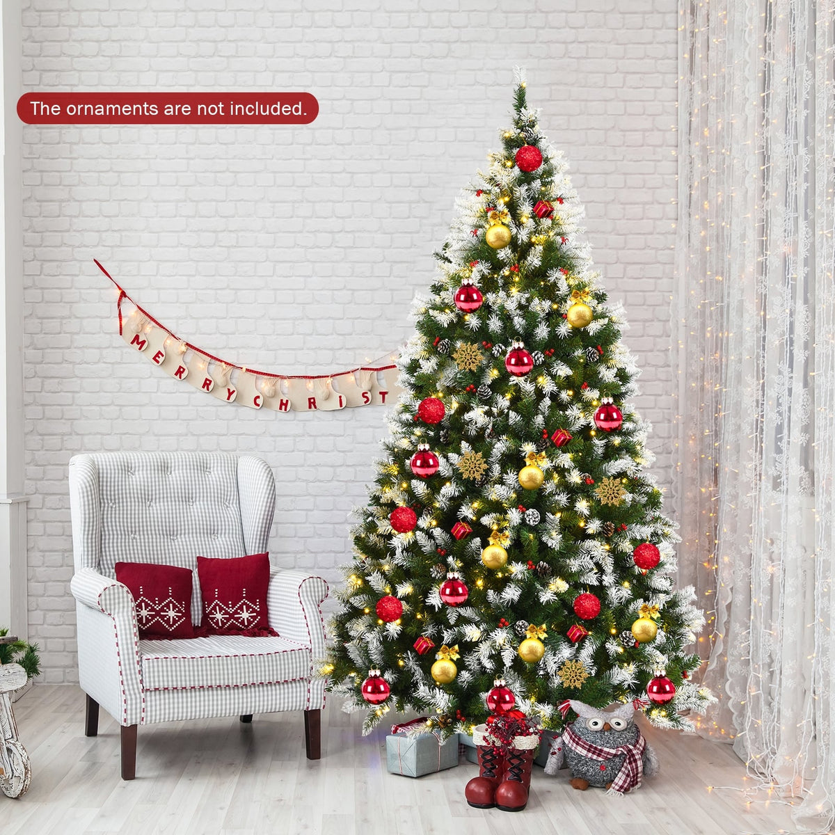 Pre-lit Snow Flocked Christmas Tree with Red Berries and LED Lights-7.5 Feet-Christmas Trees-DECOROLALA