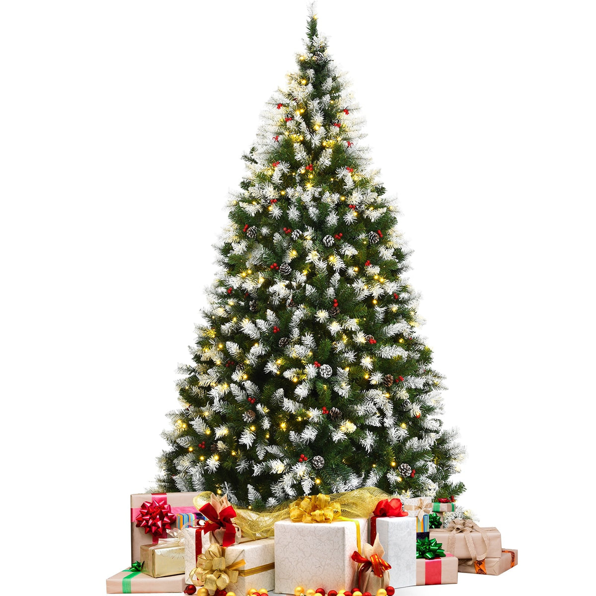 Pre-lit Snow Flocked Christmas Tree with Red Berries and LED Lights-7.5 Feet-Christmas Trees-DECOROLALA