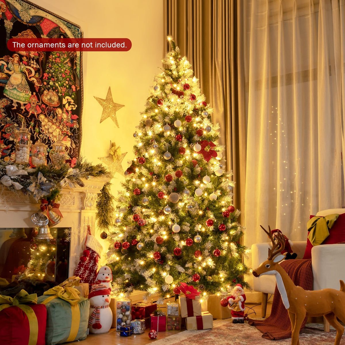 Pre-lit Snow Flocked Christmas Tree with Red Berries and LED Lights-7.5 Feet-Christmas Trees-DECOROLALA
