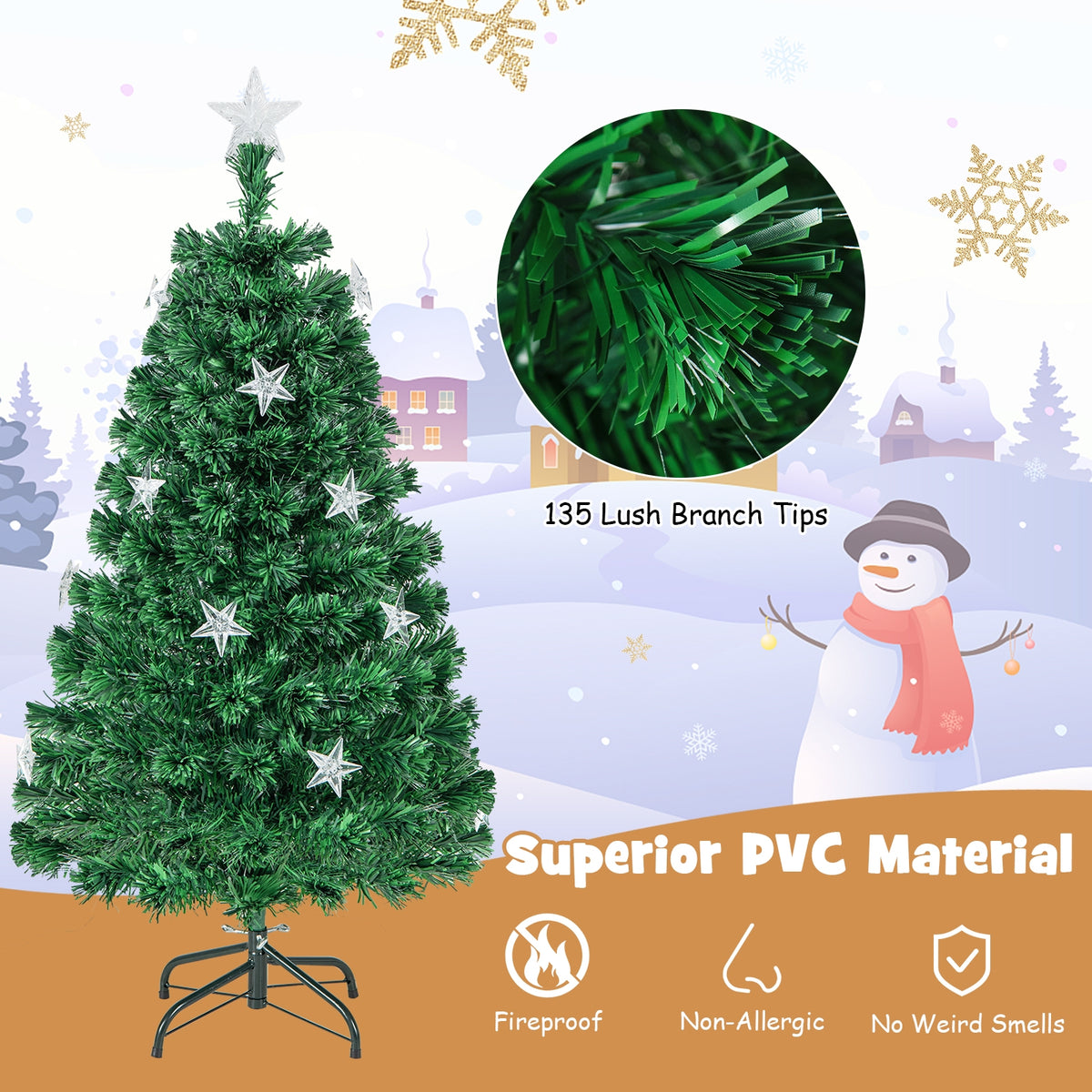 Prelit Fiber Optic Christmas Tree with Warm White Lights and Meta Base-4 ft-Christmas Trees-DECOROLALA