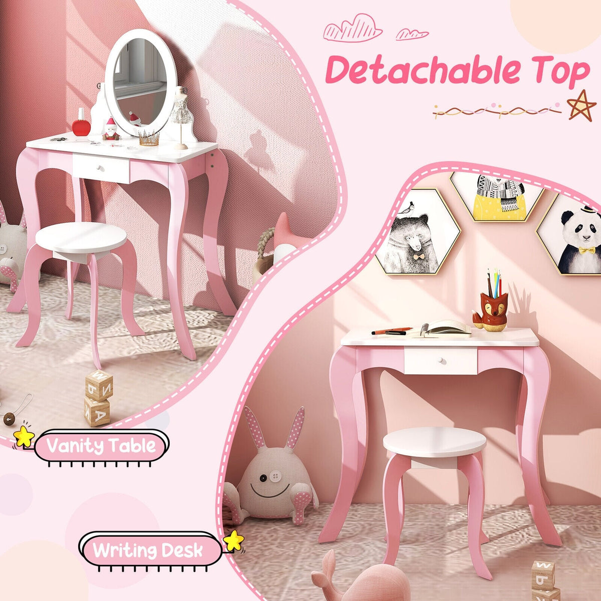 Pretend Kids Vanity Set with 360° Rotatable Mirror and Play Accessories-Kids Vanities-DECOROLALA