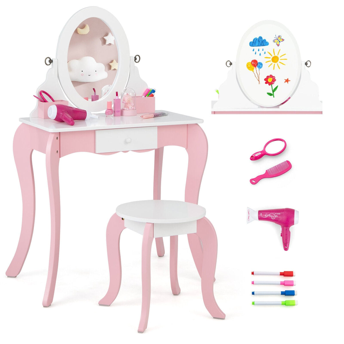 Pretend Kids Vanity Set with 360° Rotatable Mirror and Play Accessories-Kids Vanities-DECOROLALA