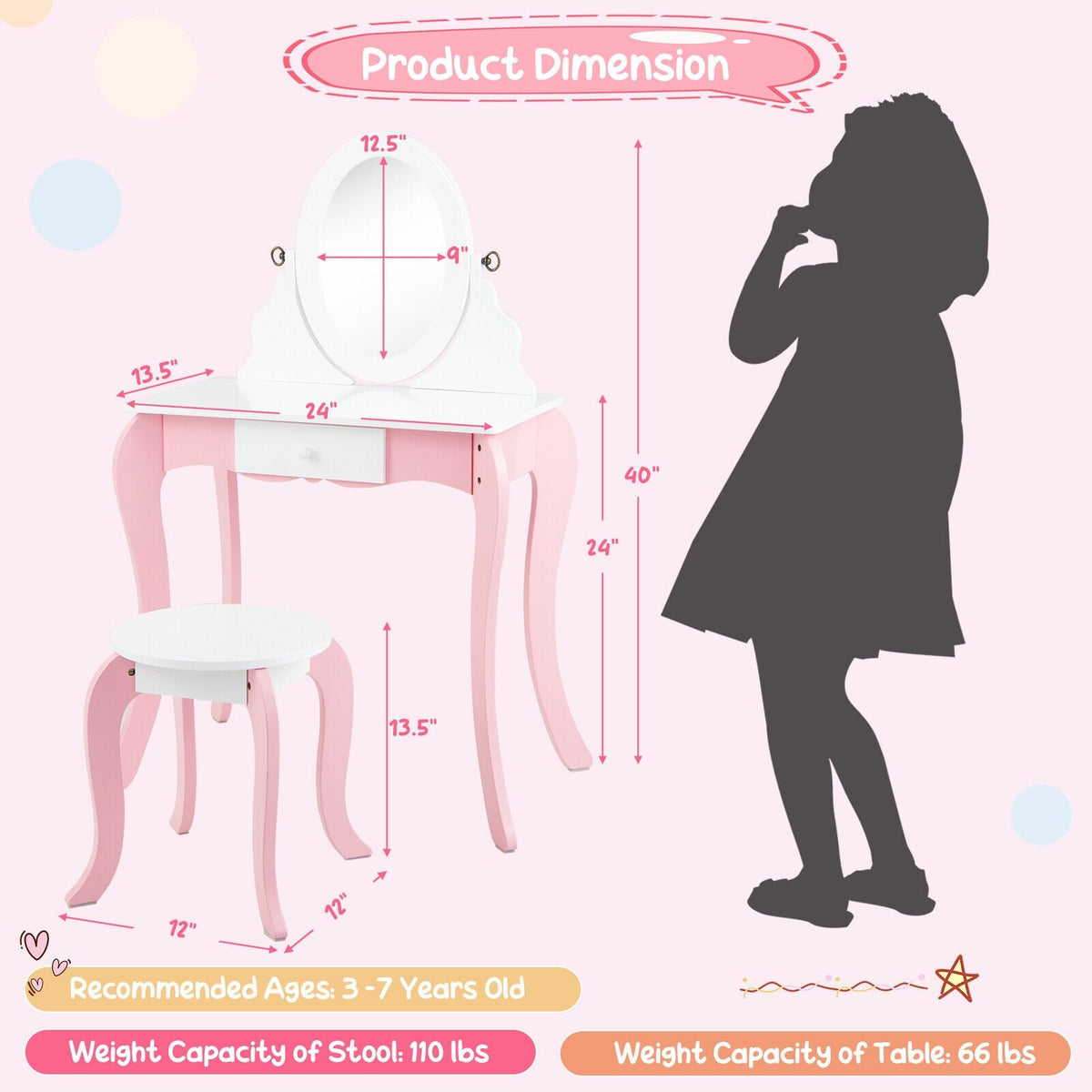 Pretend Kids Vanity Set with 360° Rotatable Mirror and Play Accessories-Kids Vanities-DECOROLALA