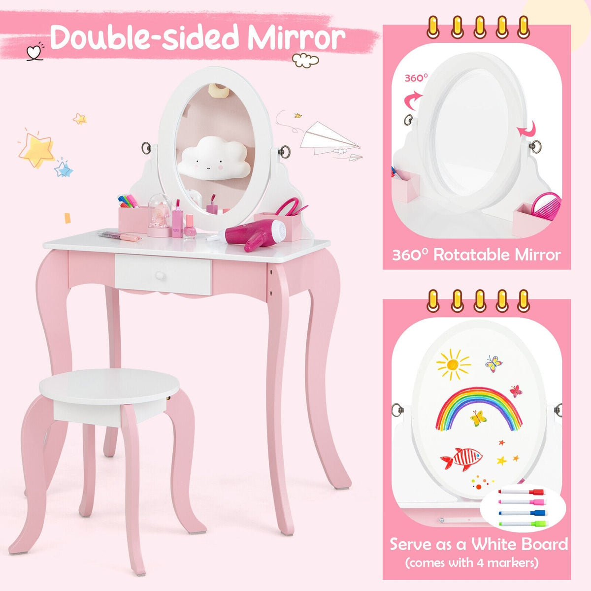 Pretend Kids Vanity Set with 360° Rotatable Mirror and Play Accessories-Kids Vanities-DECOROLALA