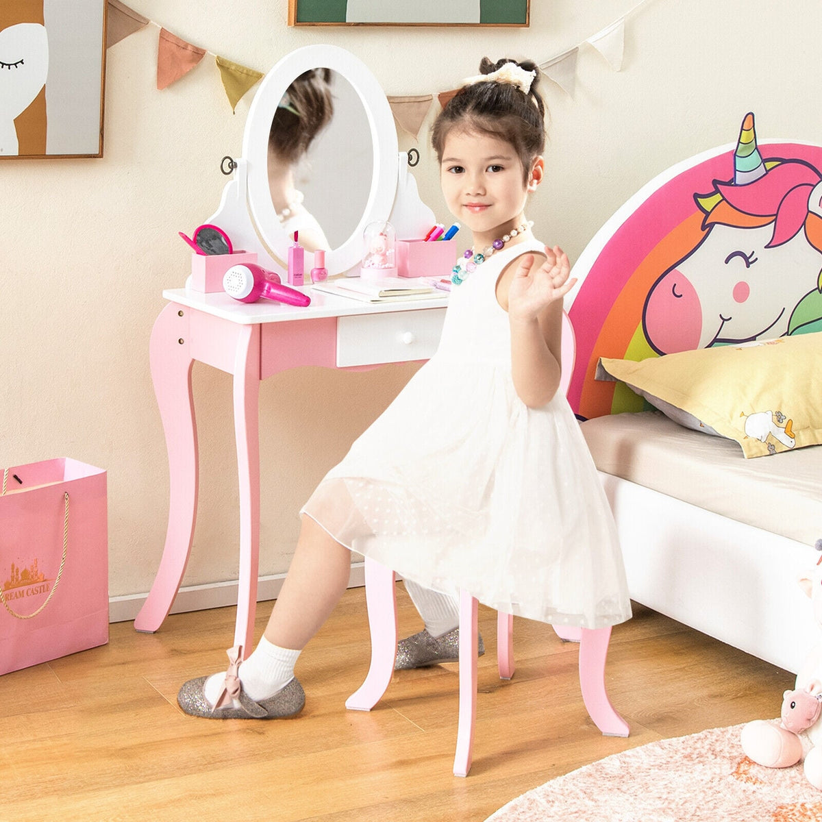 Pretend Kids Vanity Set with 360° Rotatable Mirror and Play Accessories-Kids Vanities-DECOROLALA