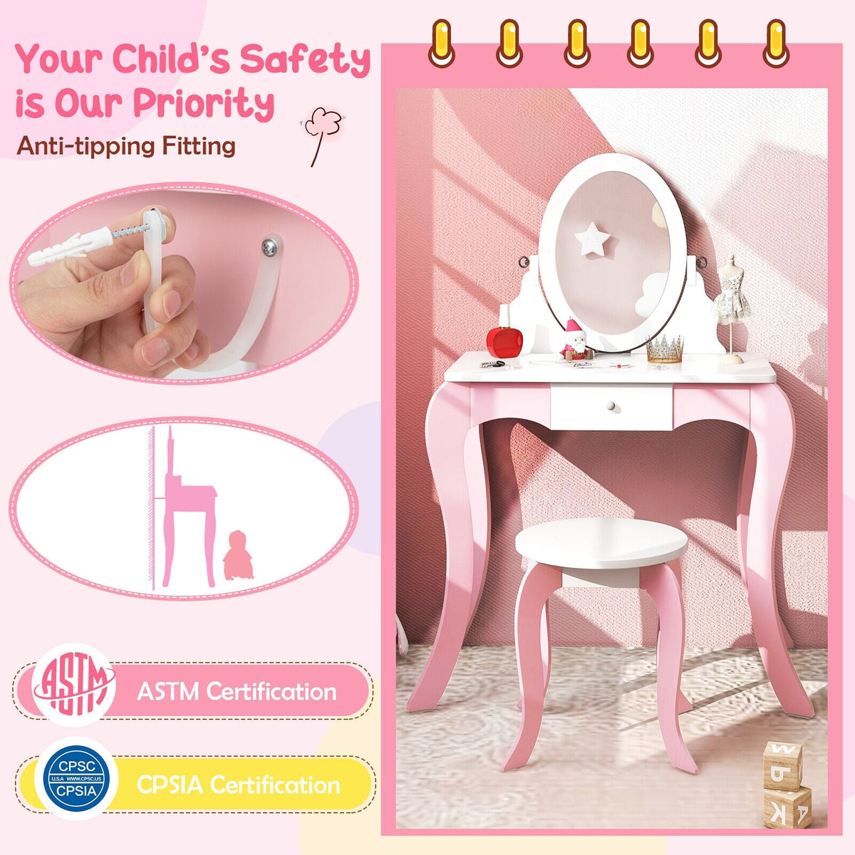 Pretend Kids Vanity Set with 360° Rotatable Mirror and Play Accessories-Kids Vanities-DECOROLALA