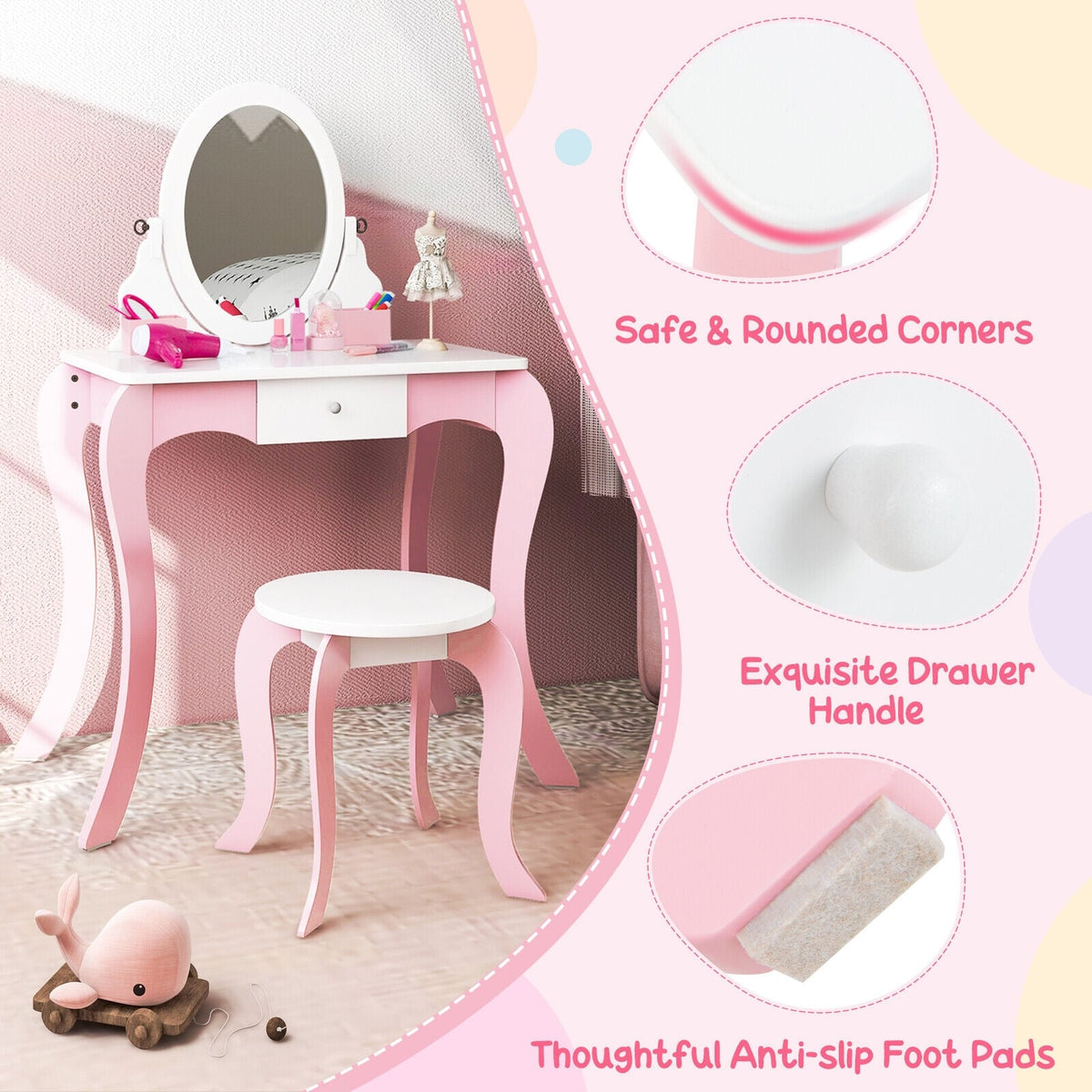Pretend Kids Vanity Set with 360° Rotatable Mirror and Play Accessories-Kids Vanities-DECOROLALA