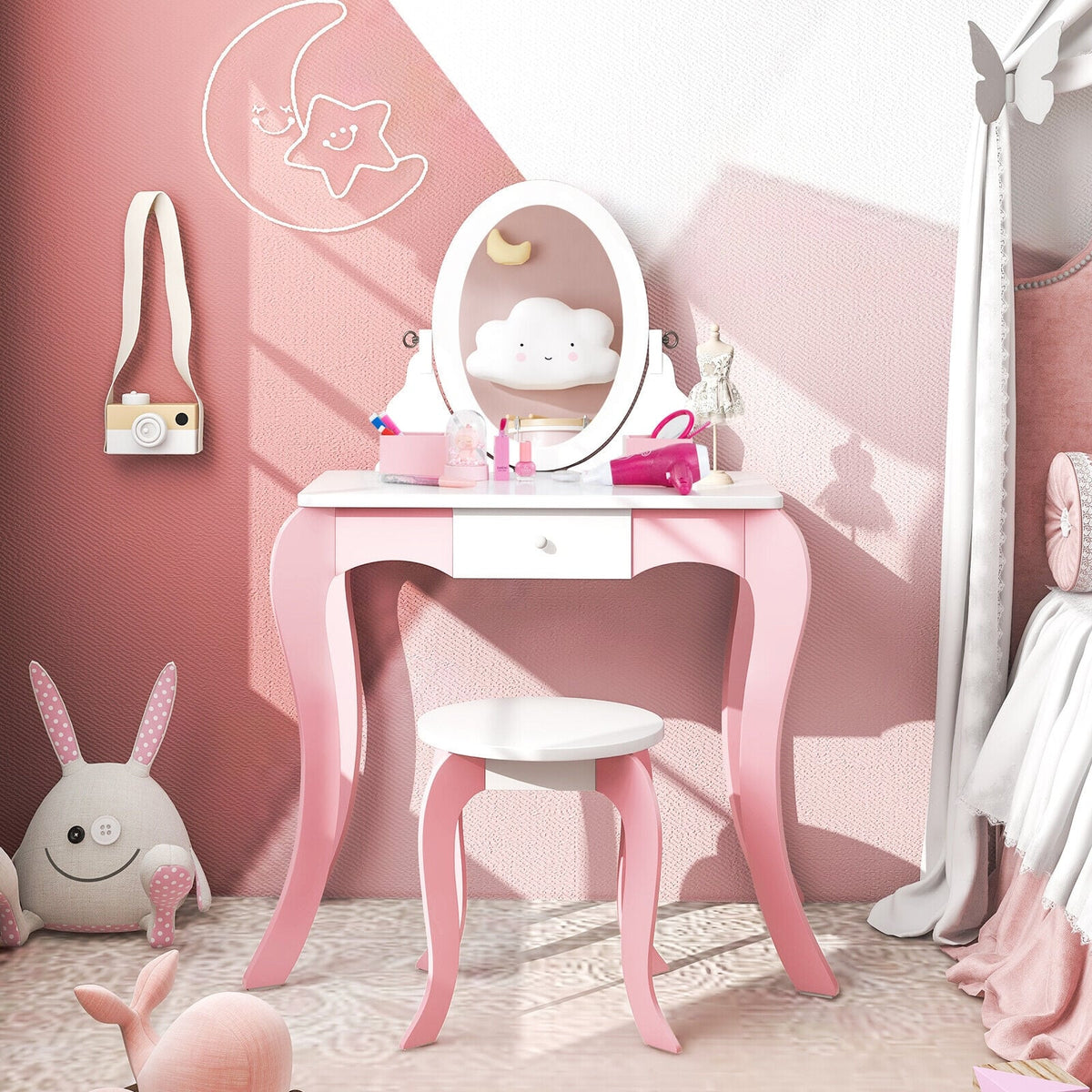 Pretend Kids Vanity Set with 360° Rotatable Mirror and Play Accessories-Kids Vanities-DECOROLALA