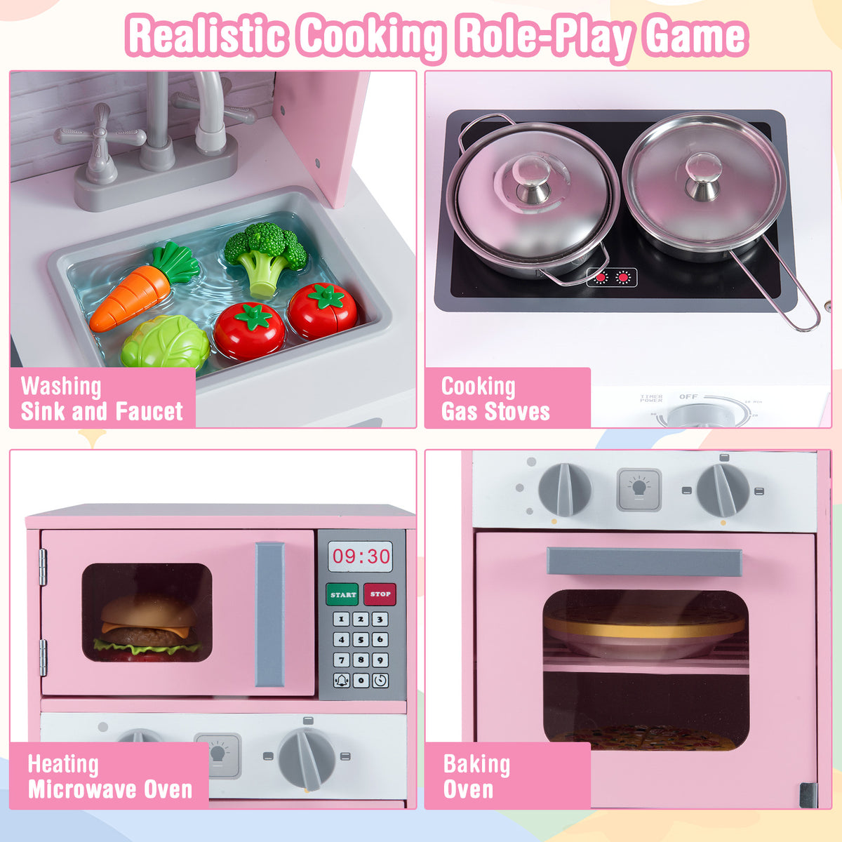 Pretend Play Kitchen Wooden Toy Set Kitchen Accessory Playset with Real Lights Sounds