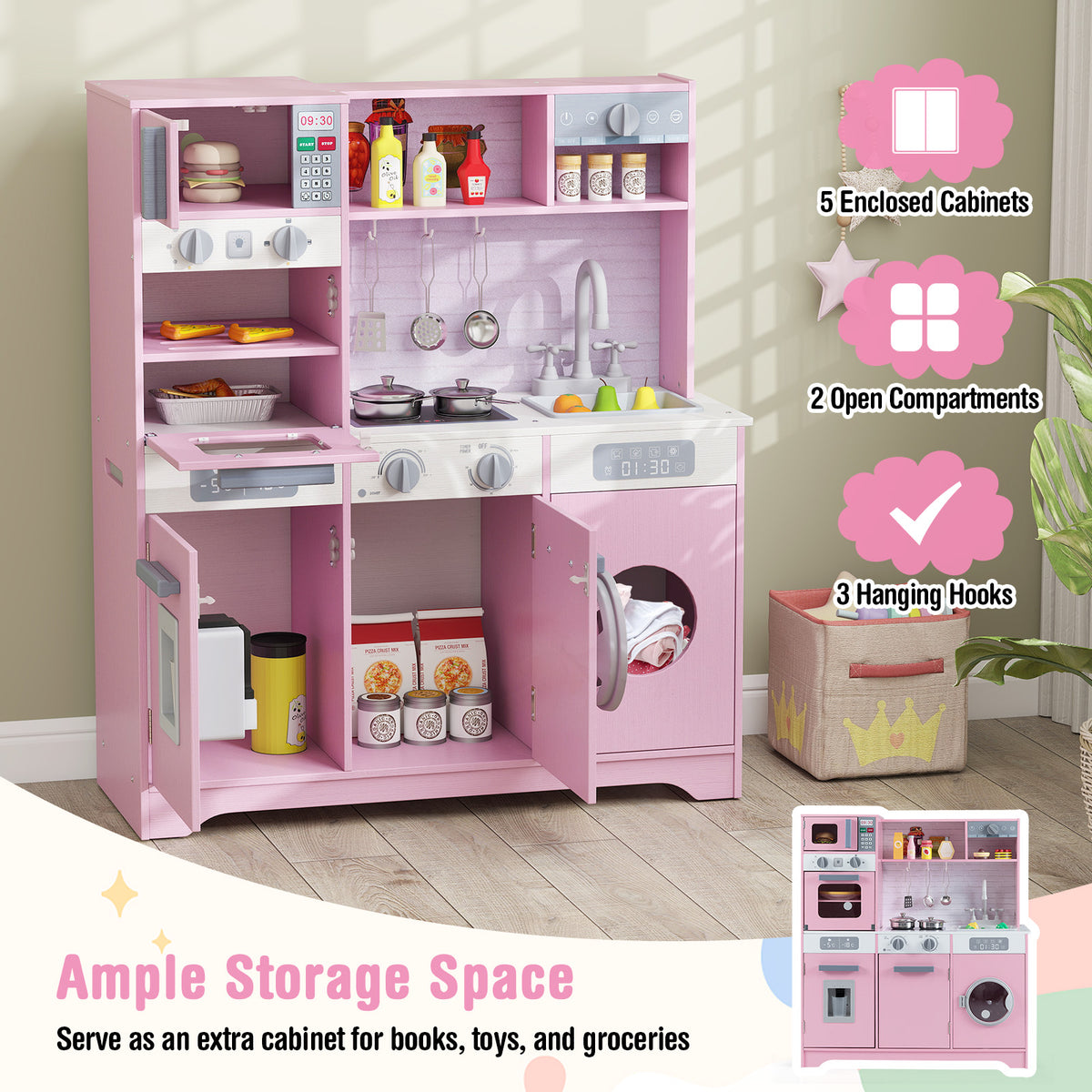Pretend Play Kitchen Wooden Toy Set Kitchen Accessory Playset with Real Lights Sounds