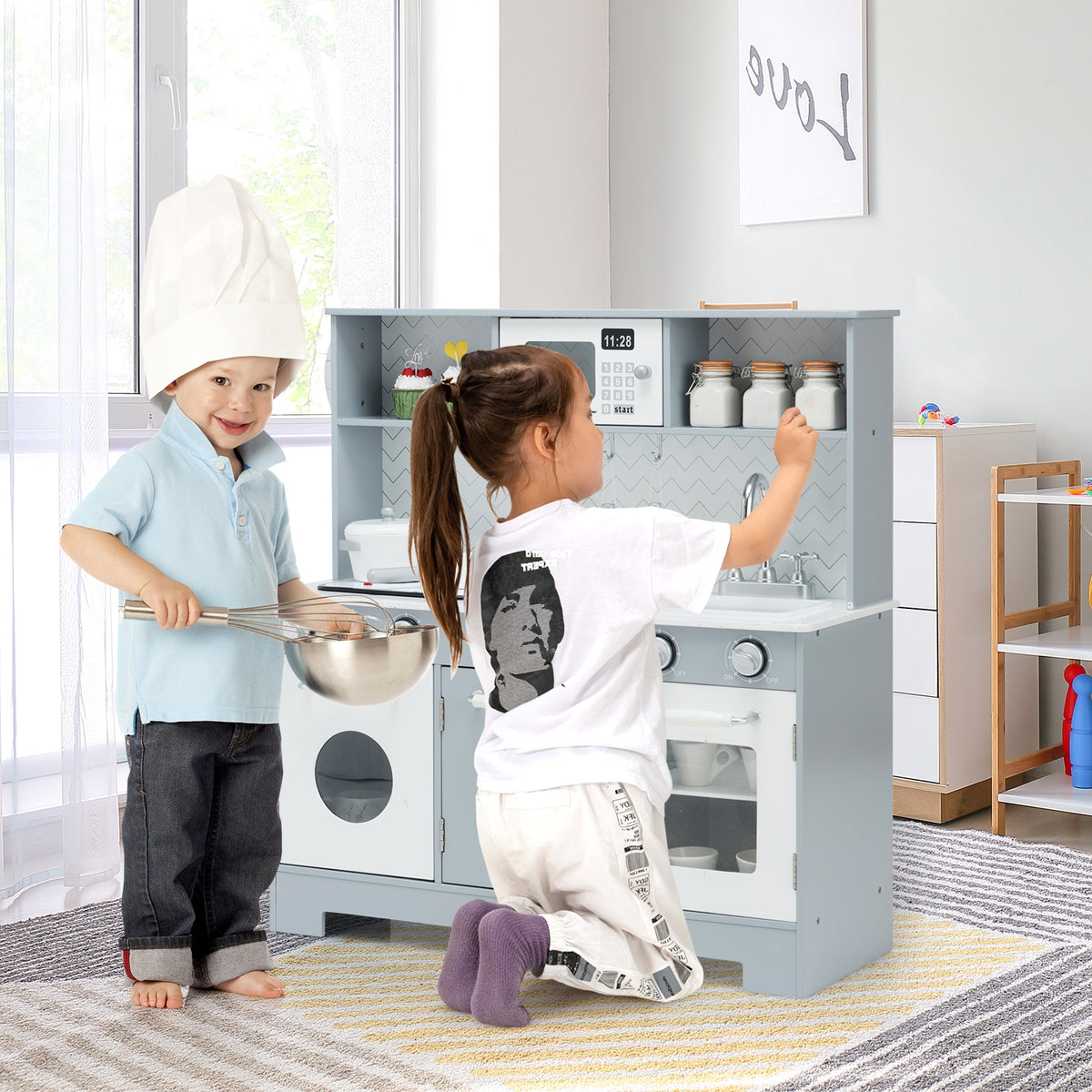 Wooden Pretend Play Kitchen Set with Light and Sound - White/Gray
