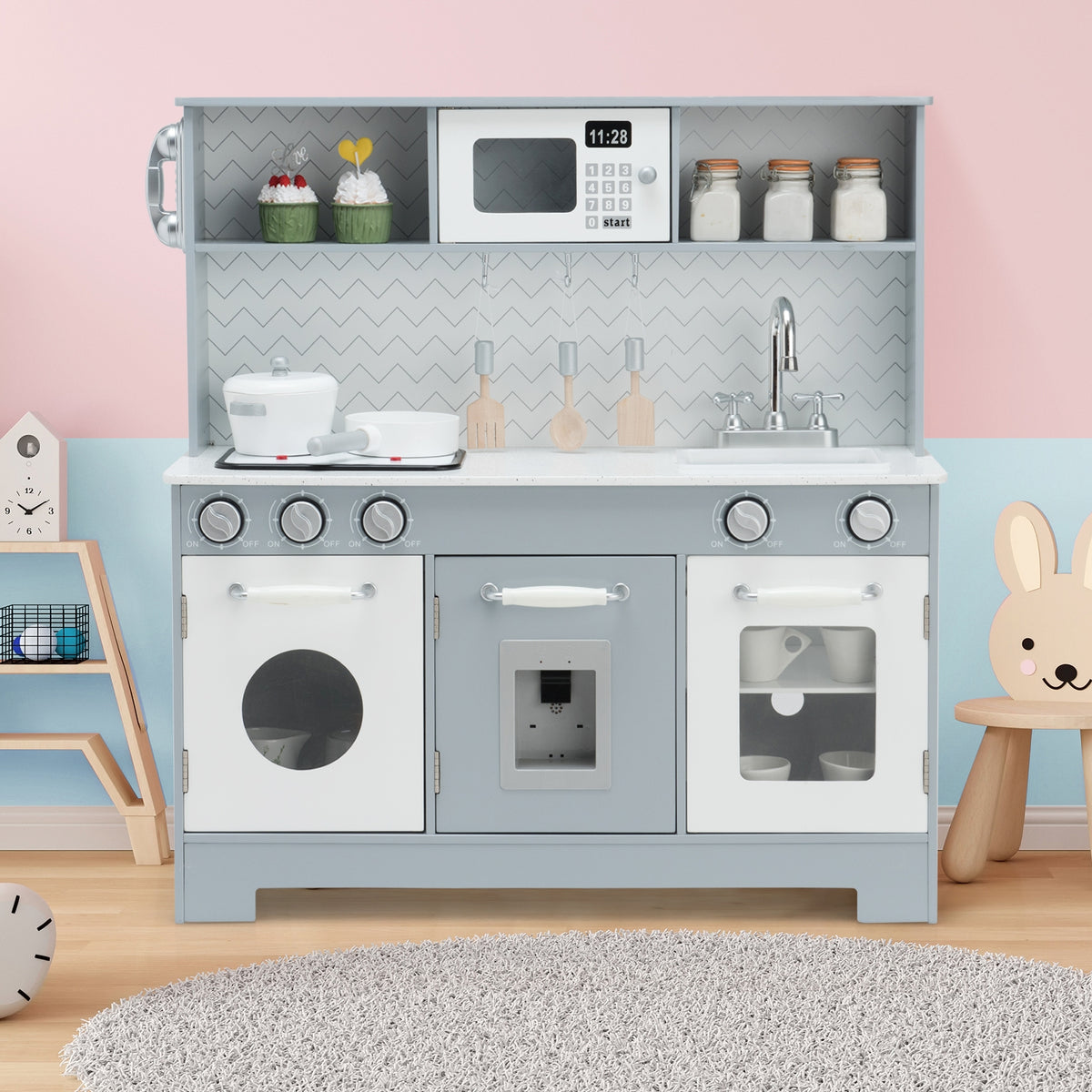Wooden Pretend Play Kitchen Set with Light and Sound - White/Gray