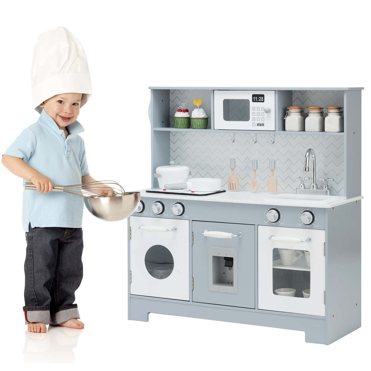Wooden Pretend Play Kitchen Set with Light and Sound - White/Gray