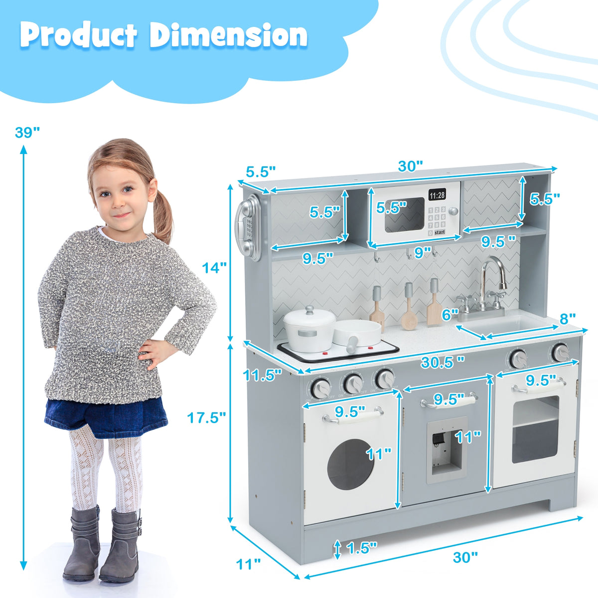 Wooden Pretend Play Kitchen Set with Light and Sound - White/Gray
