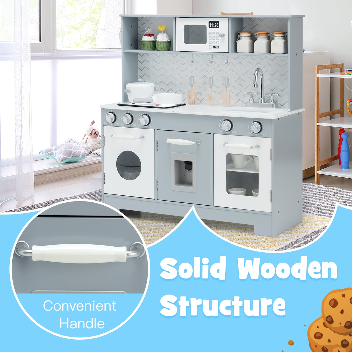 Wooden Pretend Play Kitchen Set with Light and Sound - White/Gray