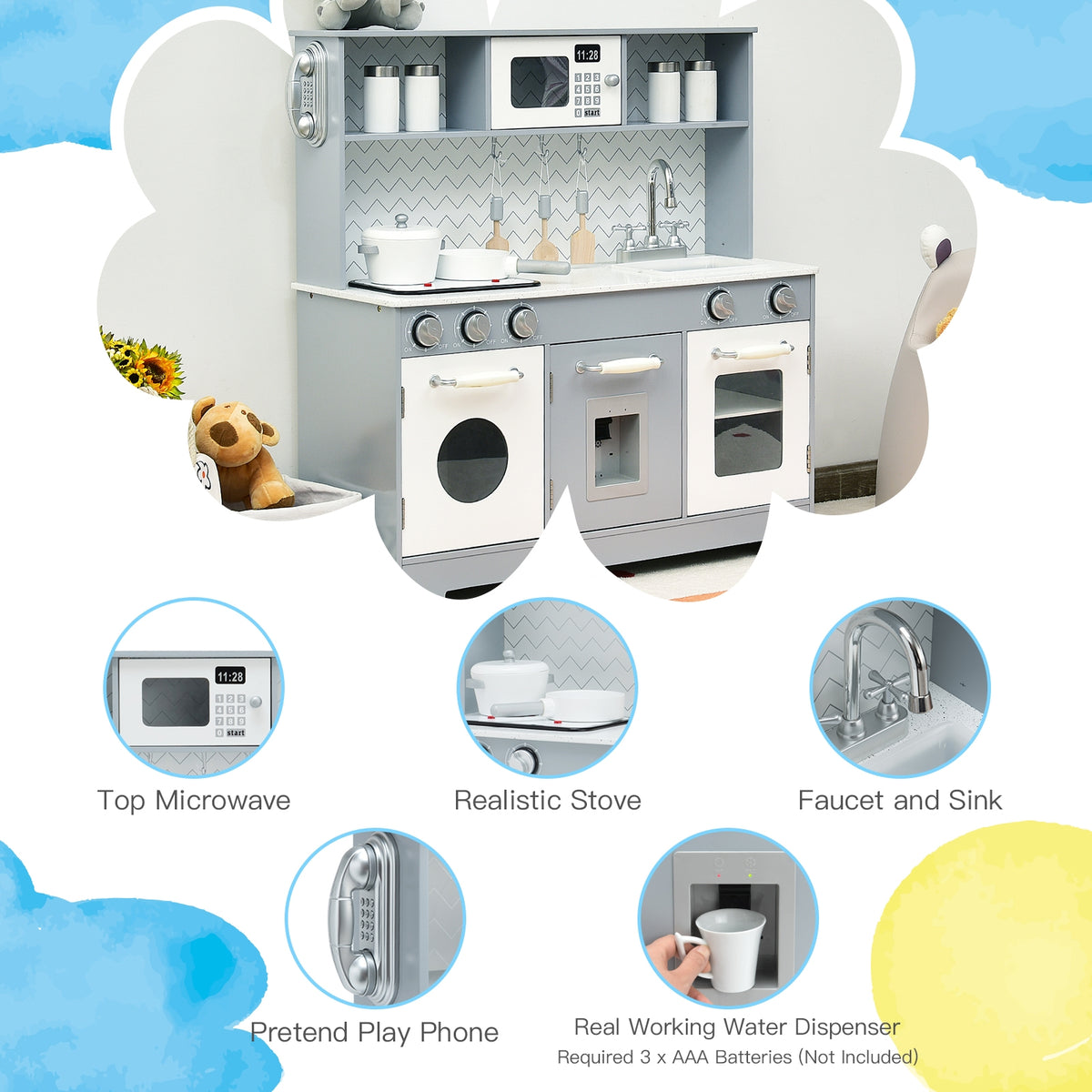Wooden Pretend Play Kitchen Set with Light and Sound - White/Gray