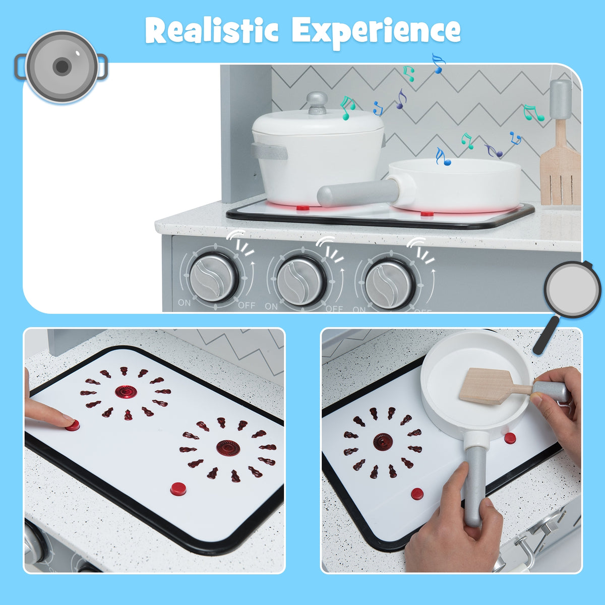 Wooden Pretend Play Kitchen Set with Light and Sound - White/Gray