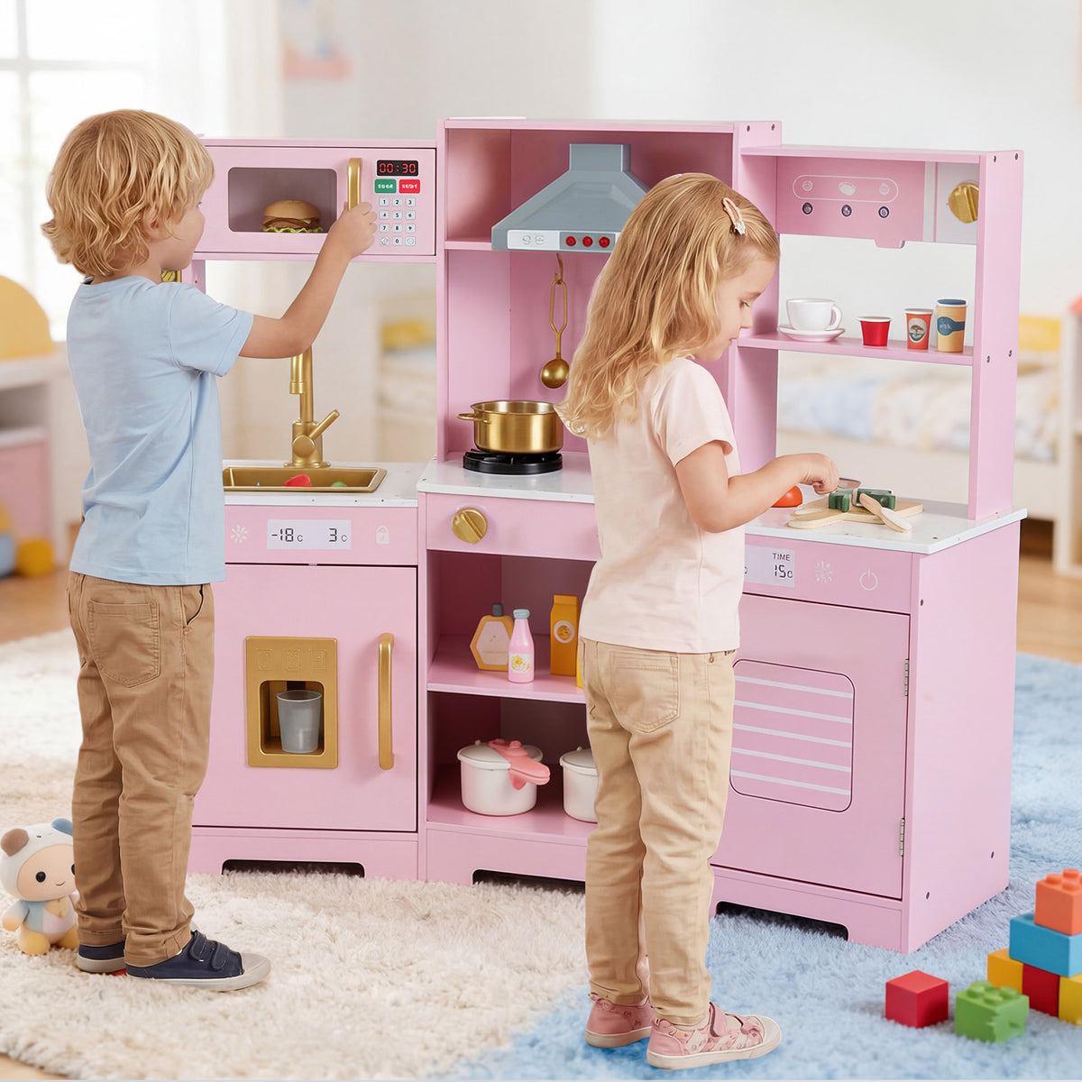 Pretend Play Kitchen Wooden Toy Set with Range Hood Real Sounds and Lights