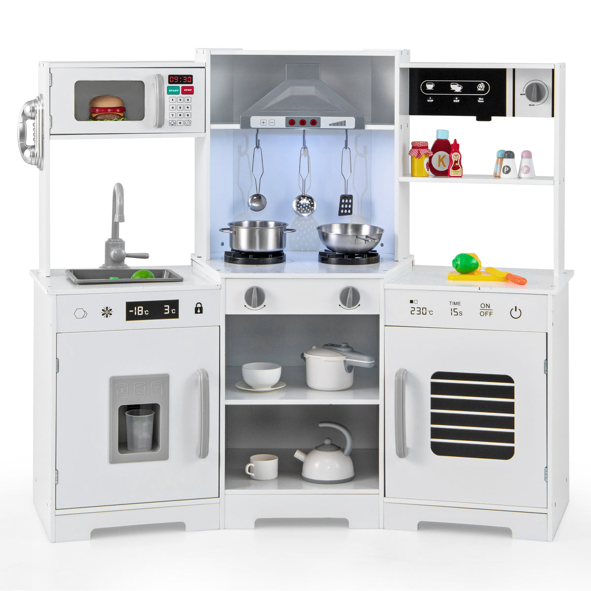 Pretend Play Kitchen Wooden Toy Set with Range Hood Real Sounds and Lights