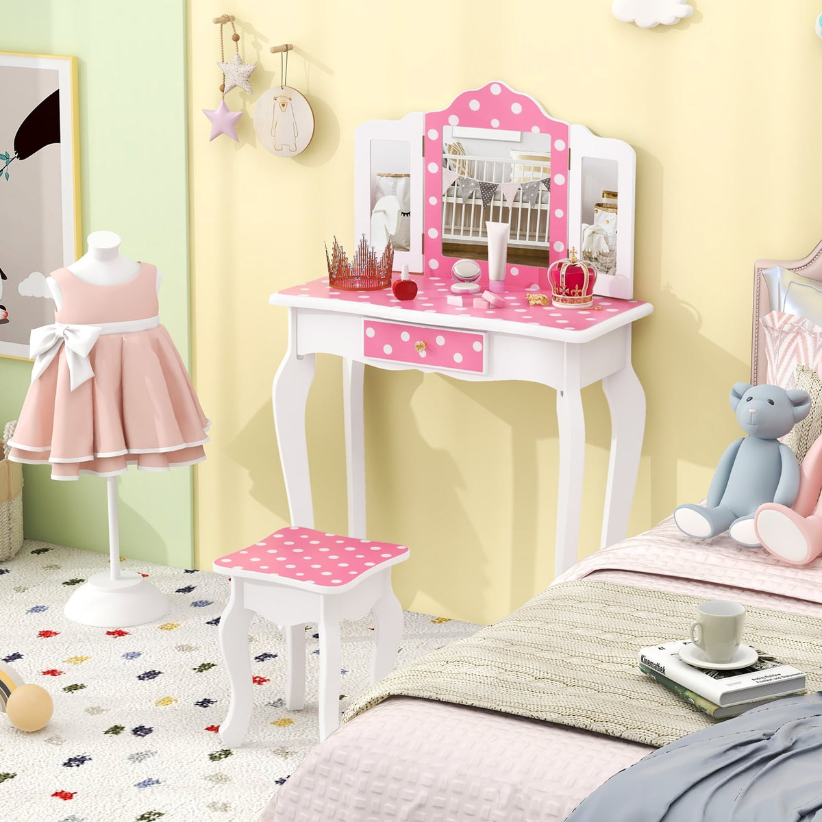 Princess Pretend Play Makeup Dressing Table with Cute Polka Dot Print-Pink-Kids Vanities-DECOROLALA
