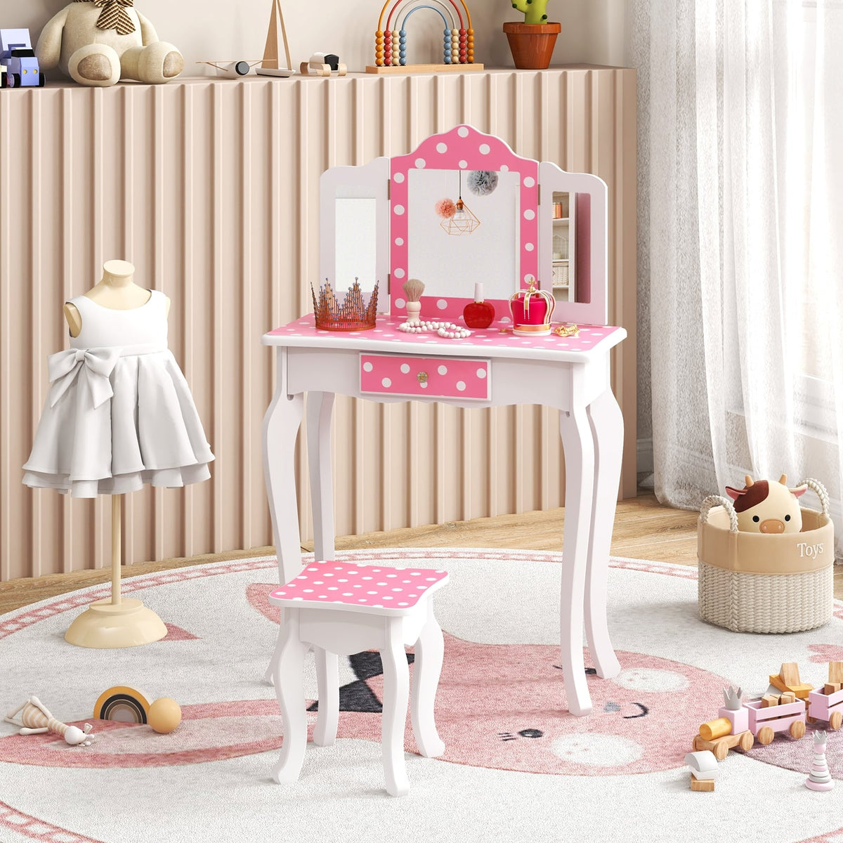 Princess Pretend Play Makeup Dressing Table with Cute Polka Dot Print-Pink-Kids Vanities-DECOROLALA