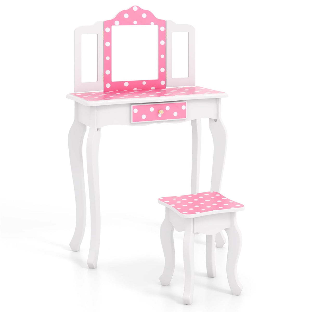 Princess Pretend Play Makeup Dressing Table with Cute Polka Dot Print-Pink-Kids Vanities-DECOROLALA