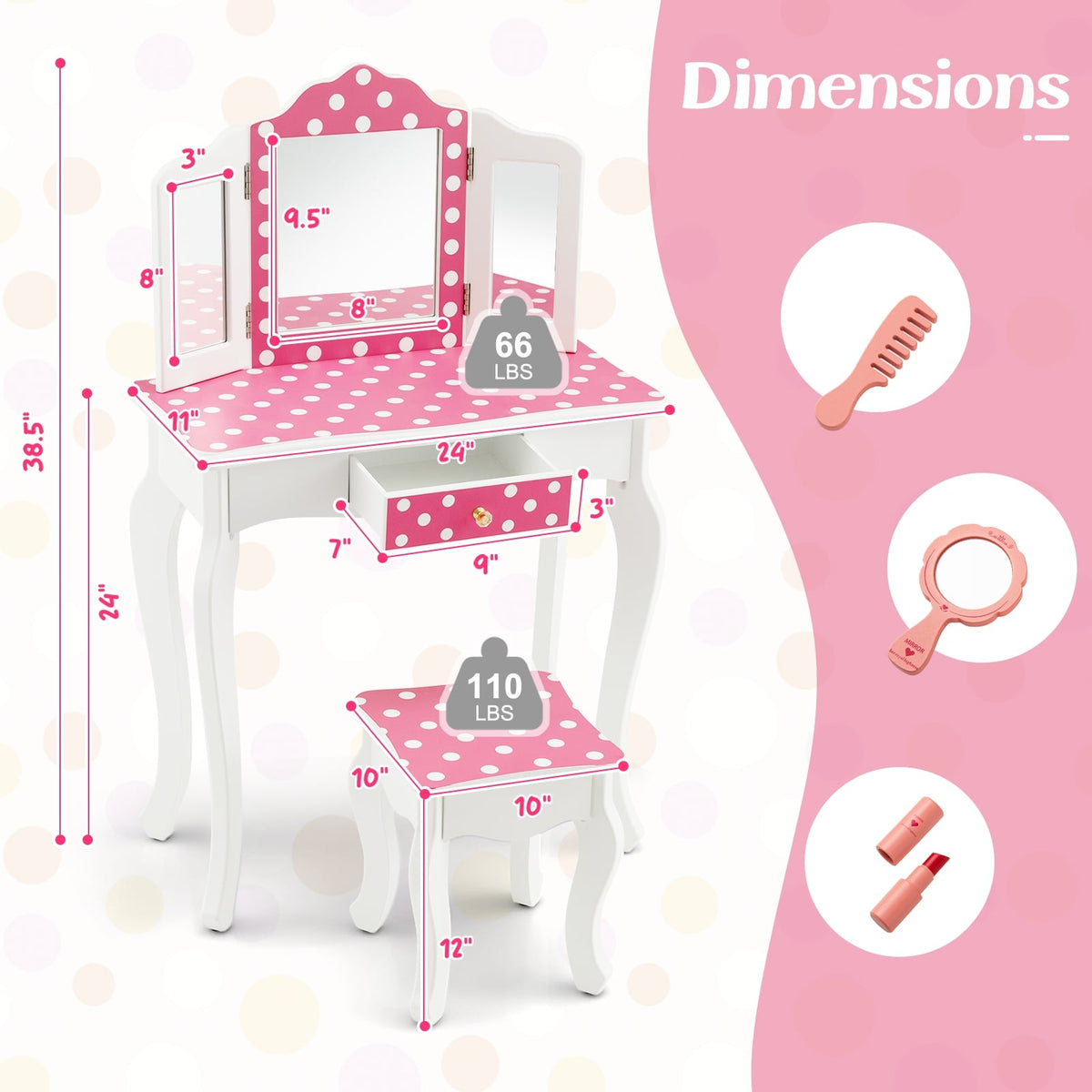 Princess Pretend Play Makeup Dressing Table with Cute Polka Dot Print-Pink-Kids Vanities-DECOROLALA