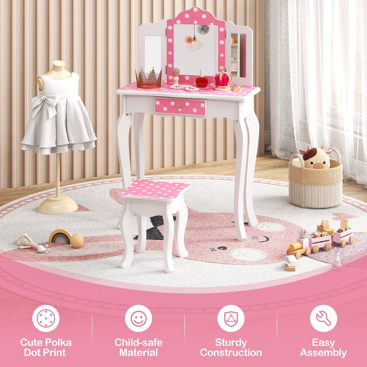 Princess Pretend Play Makeup Dressing Table with Cute Polka Dot Print-Pink-Kids Vanities-DECOROLALA