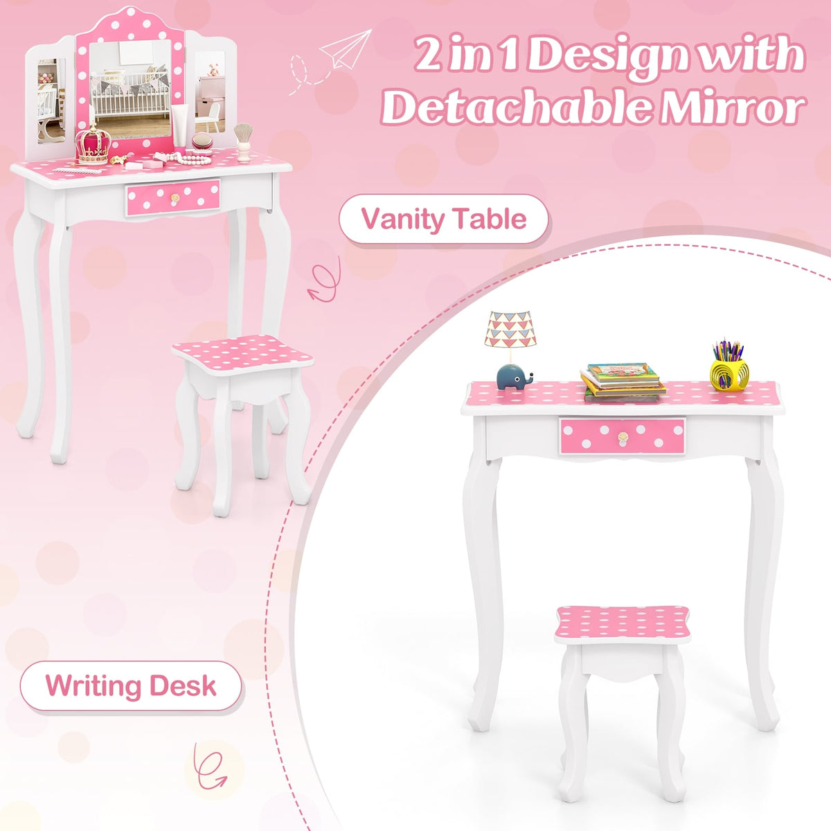 Princess Pretend Play Makeup Dressing Table with Cute Polka Dot Print-Pink-Kids Vanities-DECOROLALA