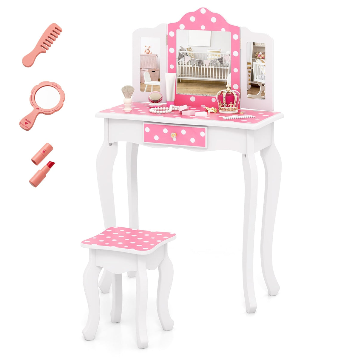 Princess Pretend Play Makeup Dressing Table with Cute Polka Dot Print-Pink-Kids Vanities-DECOROLALA