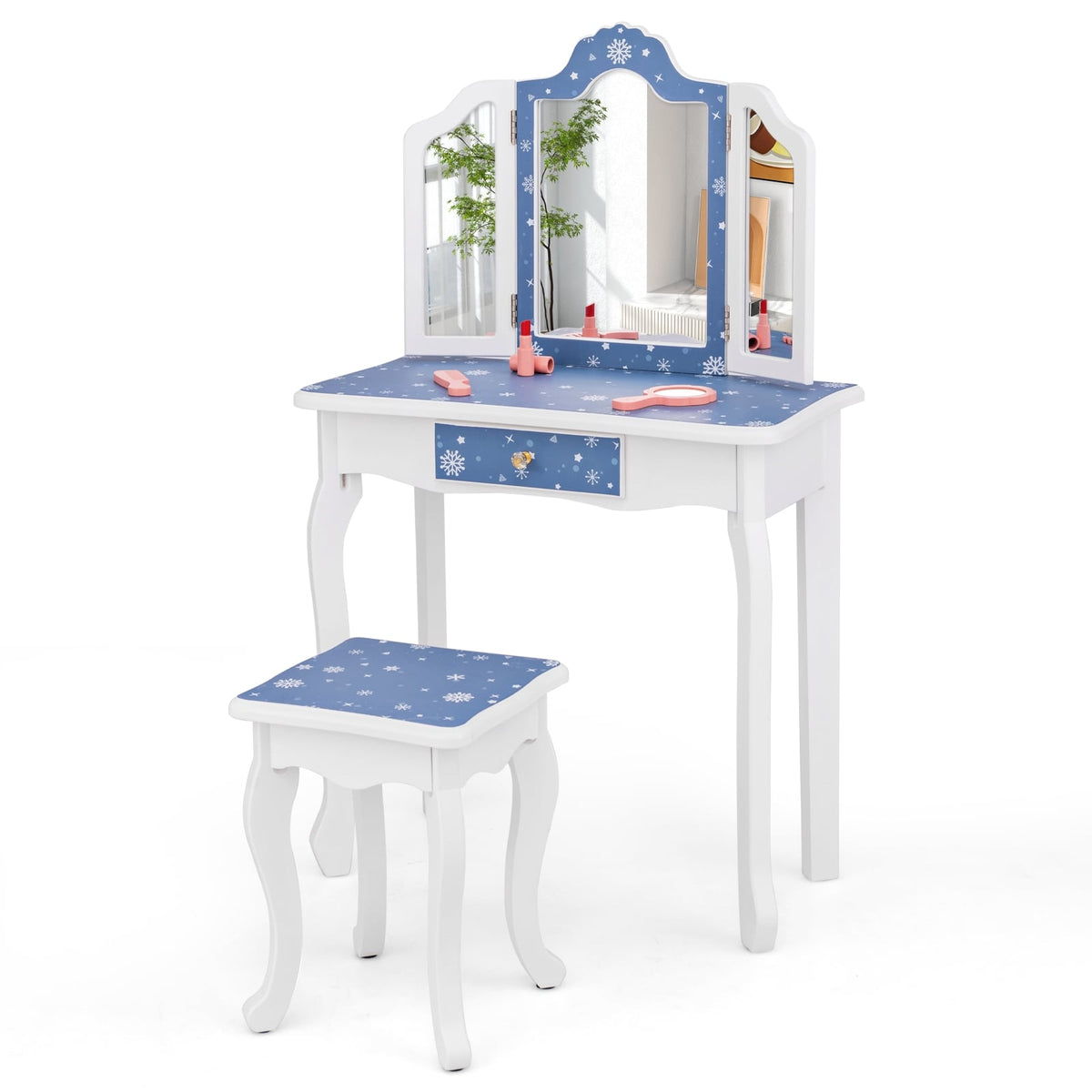 Princess Pretend Play Makeup Table and Stool Set with Tri-folding Mirror-Blue-Kids Vanities-DECOROLALA