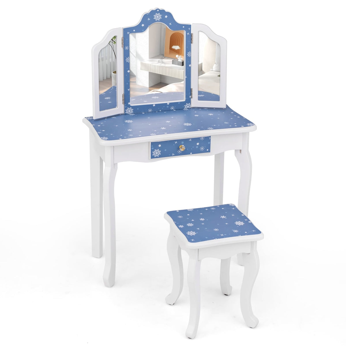 Princess Pretend Play Makeup Table and Stool Set with Tri-folding Mirror-Blue-Kids Vanities-DECOROLALA