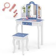 Princess Pretend Play Makeup Table and Stool Set with Tri-folding Mirror-Blue-Kids Vanities-DECOROLALA