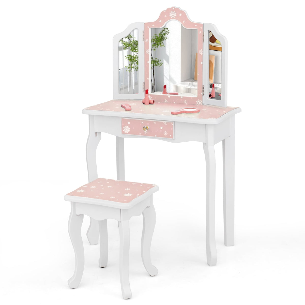 Princess Pretend Play Makeup Table and Stool Set with Tri-folding Mirror-Pink-Kids Vanities-DECOROLALA